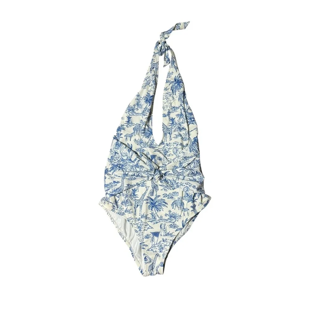 Tory Burch Safari Toile Tie front Plunge Halter One Piece Swimsuit Sz M Animal